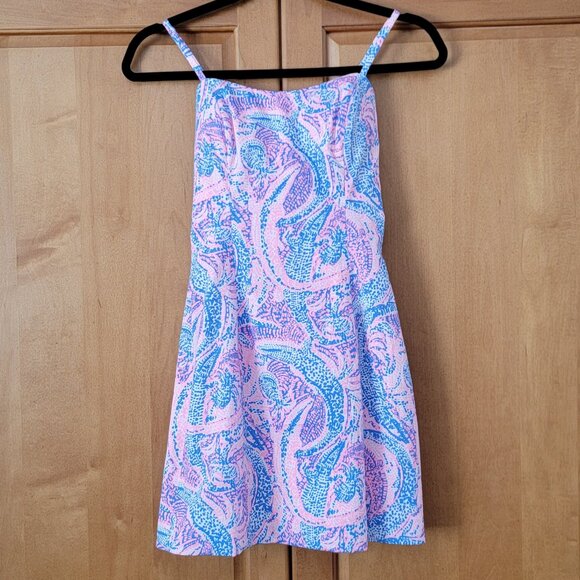 Lilly Pulitzer Coastal Blue Pink Mini Dress Spaghetti Straps Open Tie Back - 00 - Picture 2 of 16